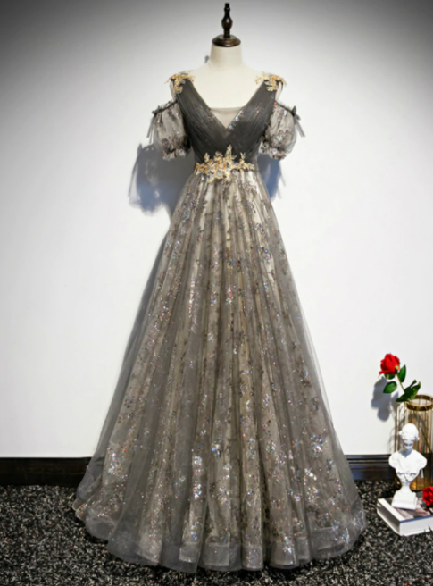 Gray Tulle Sequins V-neck Pleats Beading Prom Dress,pl1029