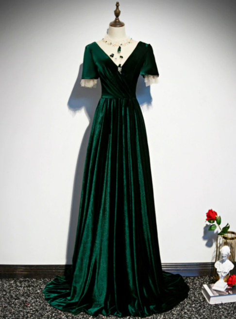 Dark Green Velvet Short Sleeve Open Back Beading Prom Dress,pl1030