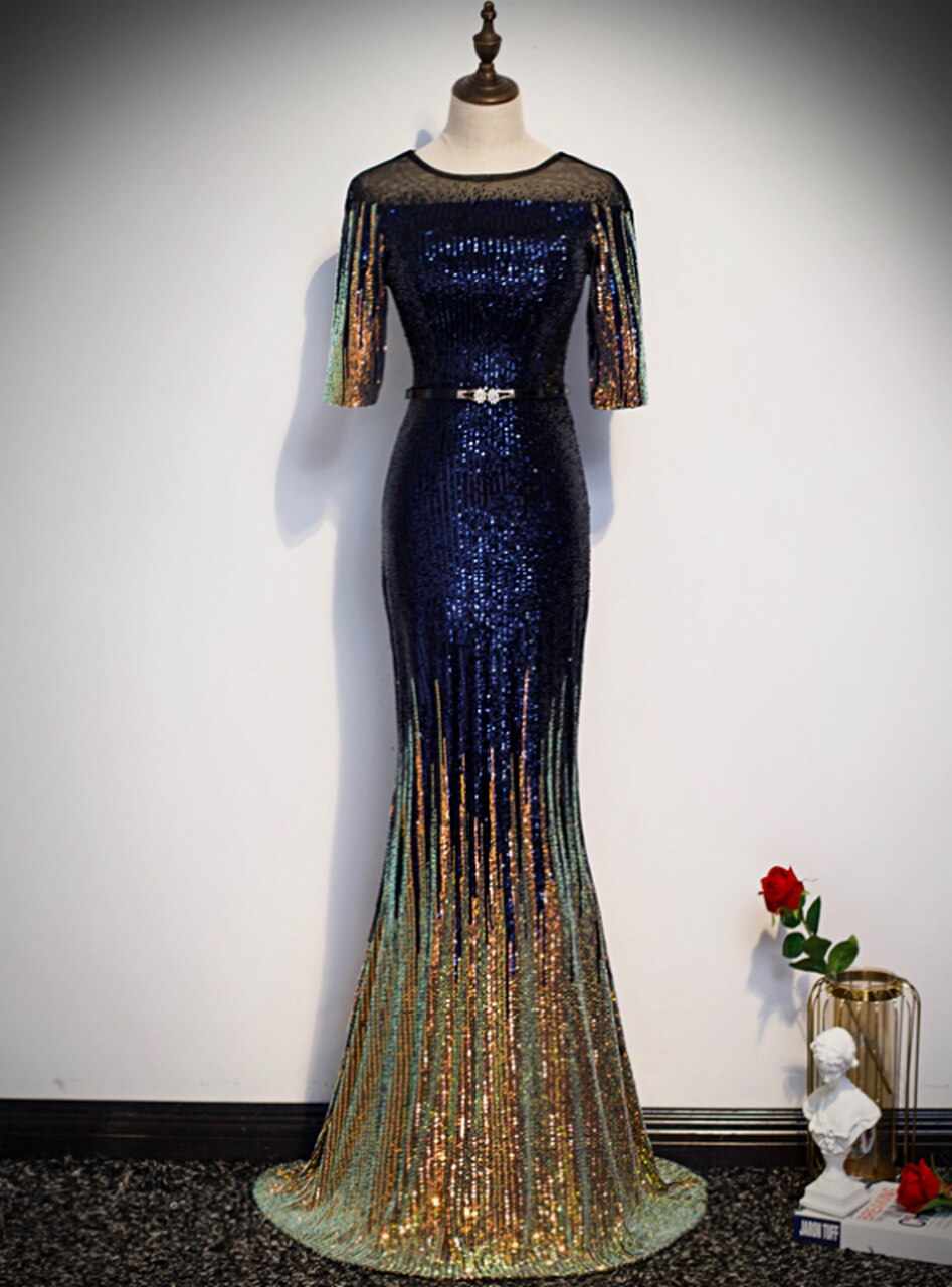 Blue Mermaid Sequins Short Sleeve Belt Prom Dress,pl1032