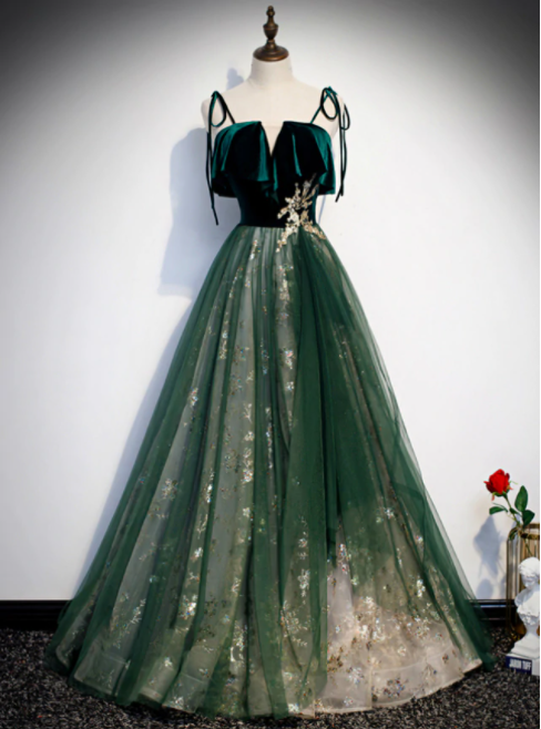 Green Tulle Velvet Spaghetti Straps Sequins Prom Dress,pl1034