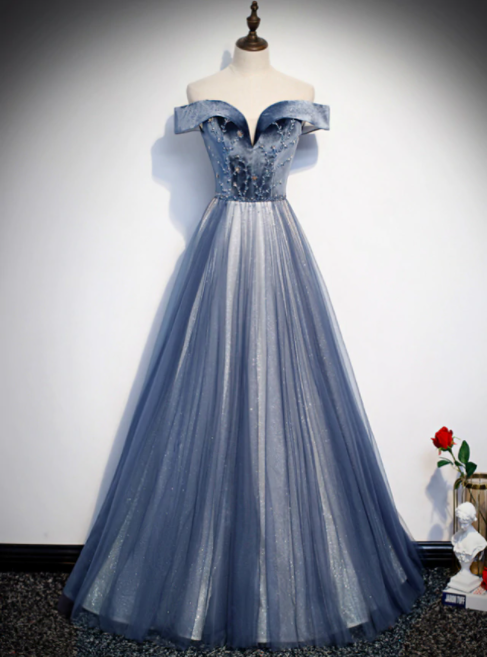 Blue Tulle Velvet Off The Shoulder Beading Prom Dress,pl1036