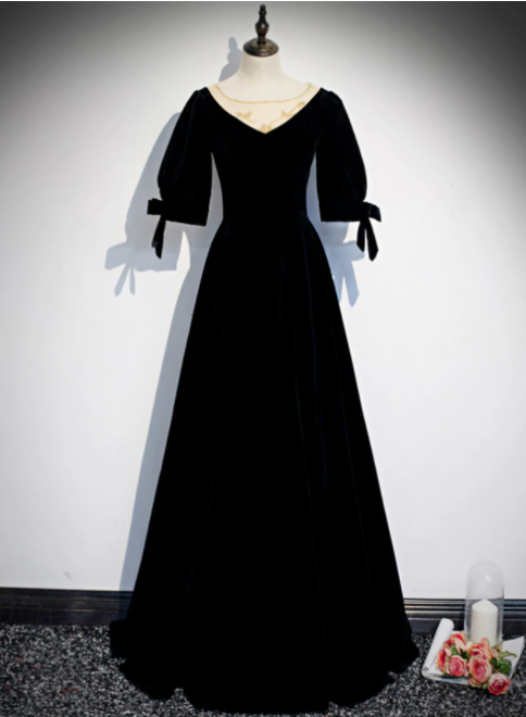 Black Velvet Short Sleeve Beading Prom Dress,pl1040