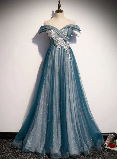 Blue Tulle Sequins Off the Shoulder Appliques Prom Dress,PL1046