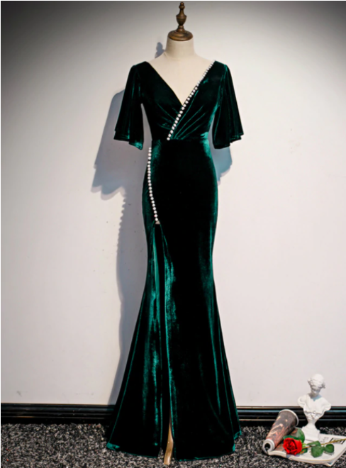 Dark Green Mermaid Velvet Short Sleeve V-neck Prom Dress,pl1048