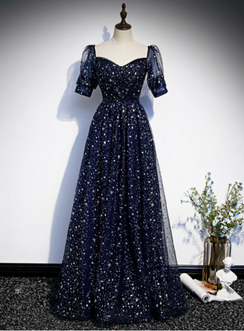 Navy Blue Tulle Square Short Sleeve Prom Dress.pl1065