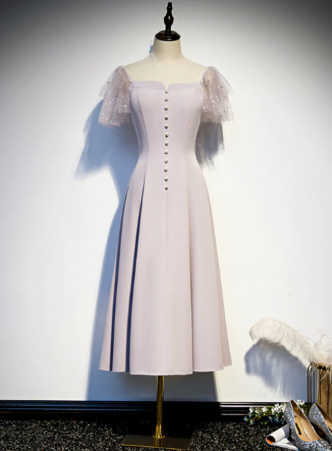 Pink Satin Square Short Sleeve Tea Length Prom Dress,pl1076