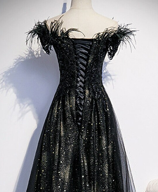 A-line Black Sequins Off The Shoulder Feather Prom Dress,pl1078 on Luulla