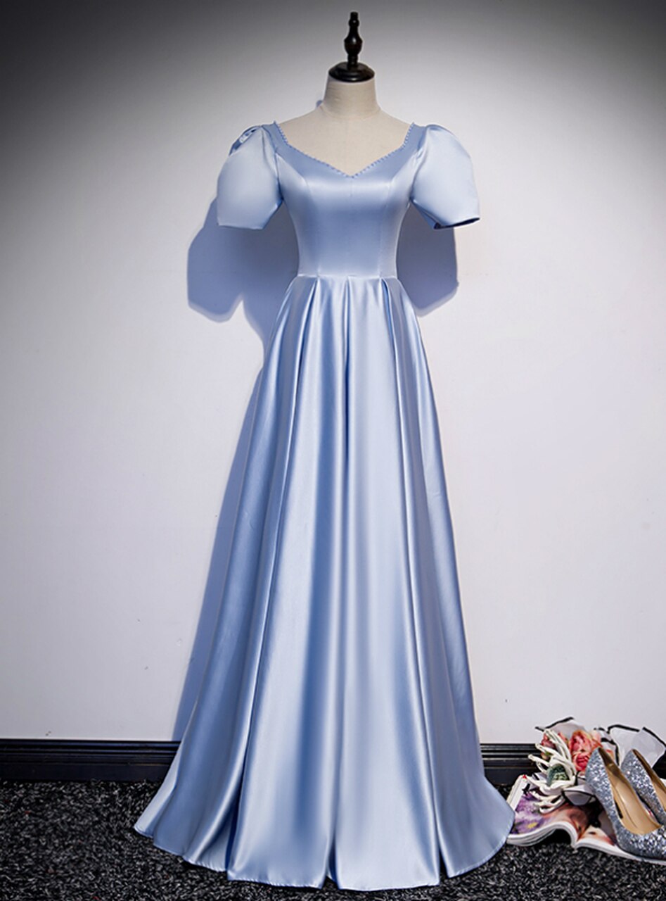 Light Blue Satin V-neck Puff Sleeve Beading Prom Dress.pl1079