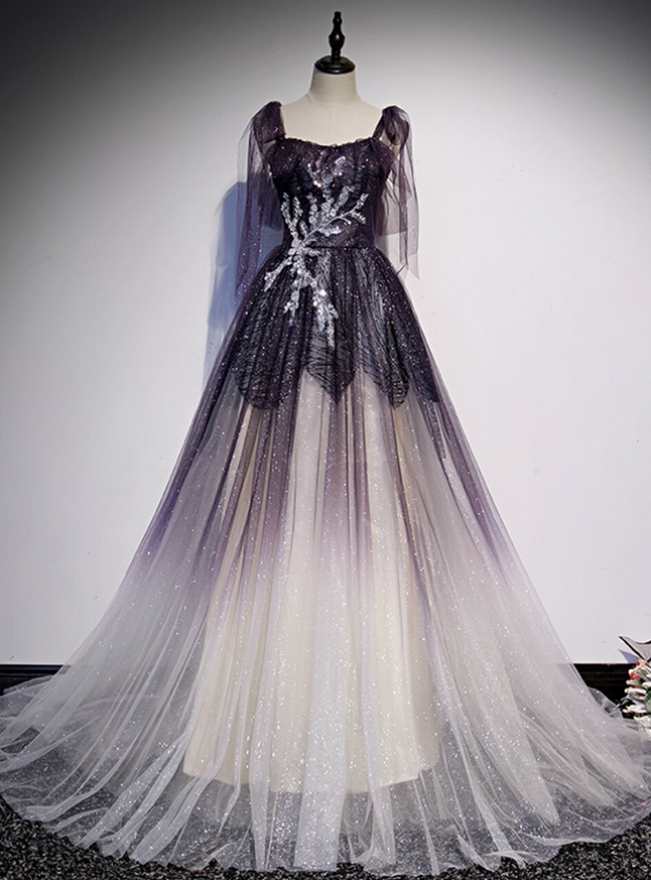 Purple Tulle Long A-Line Beading Straps Prom Dress