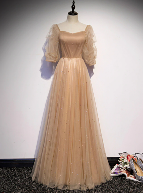 Champagne Tulle Square Puff Sleeve Pearls Prom Dress,pl1082