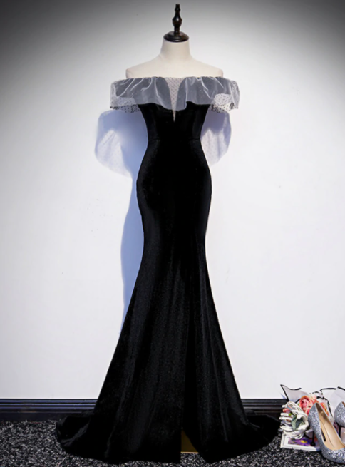Black Mermaid Velvet Off The Shoulder Prom Dress,pl1086