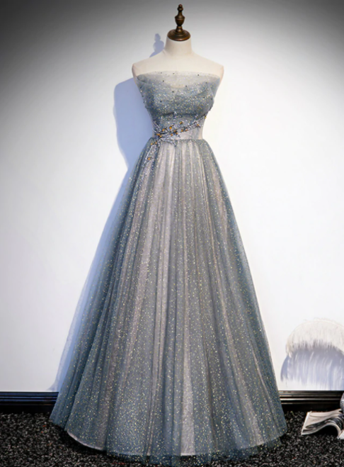 Silver Gray Tulle Sequins Strapless Beading Prom Dress,pl1091