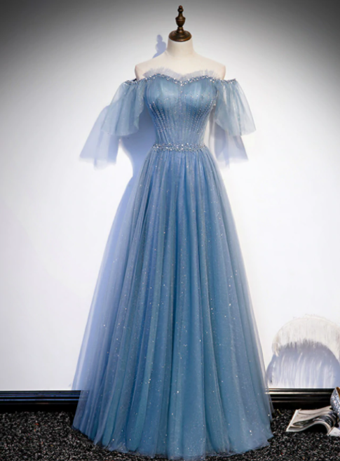 Blue Tulle Sequins Off The Shoulder Beading Pleats Prom Dress,pl1093