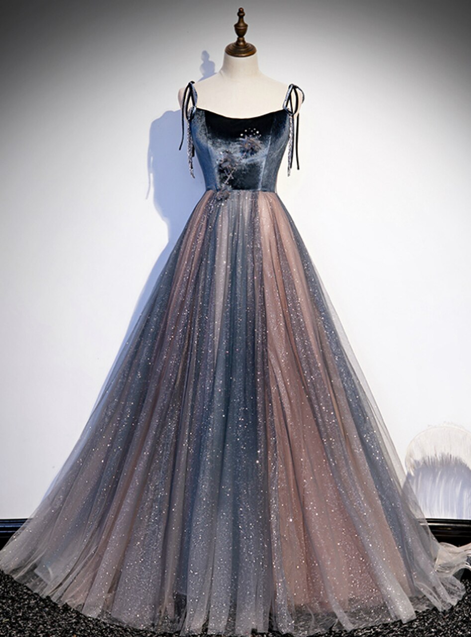Blue Tulle Spaghetti Straps Beading Prom Dress,pl1094