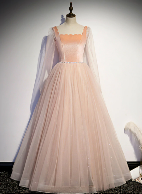 Champagne Pink Tulle Square Long Sleeve Prom Dress,pl1096