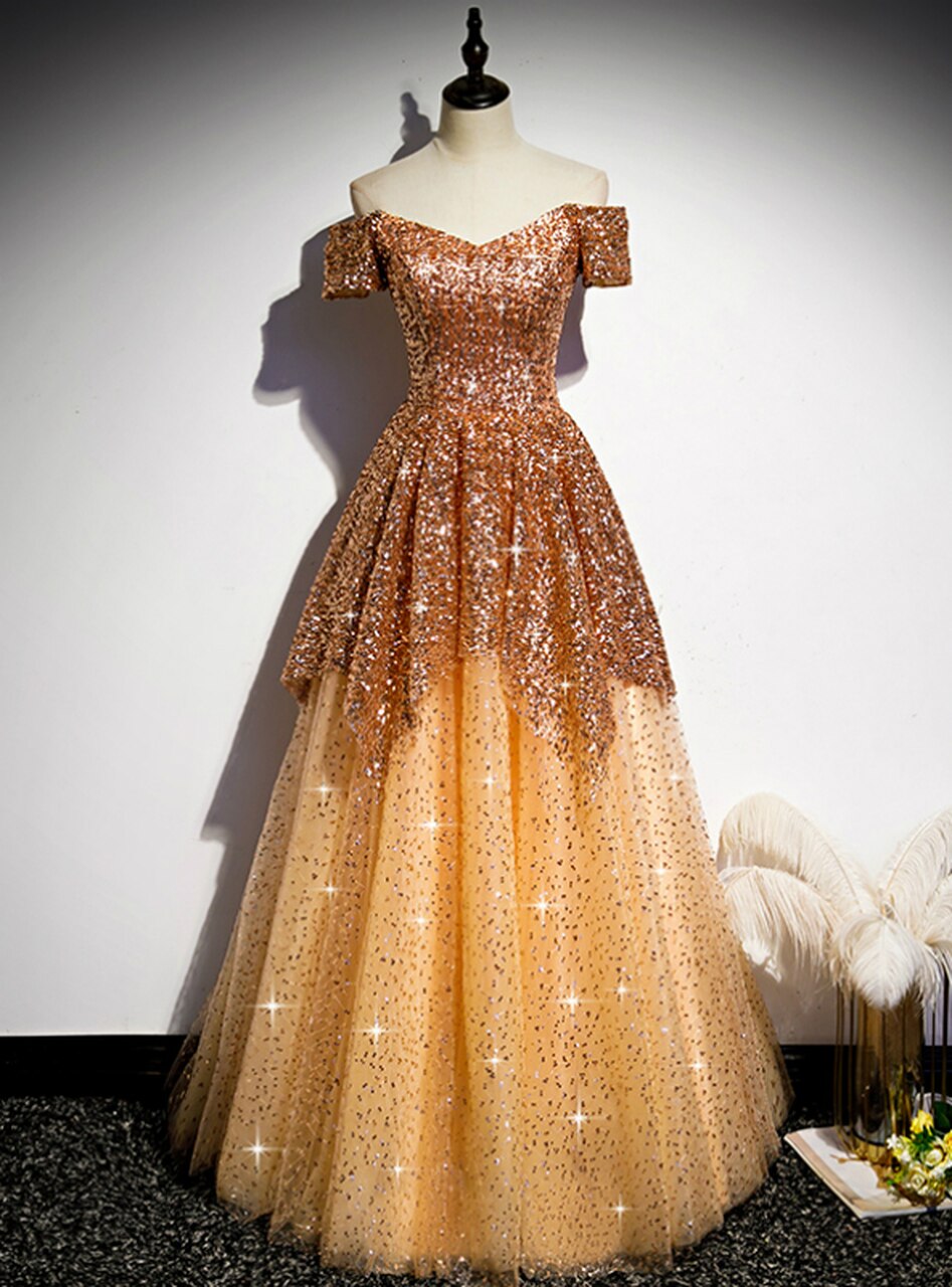Gold Tulle Sequins Off The Shoulder Short Sleeve Prom Dress,pl1099