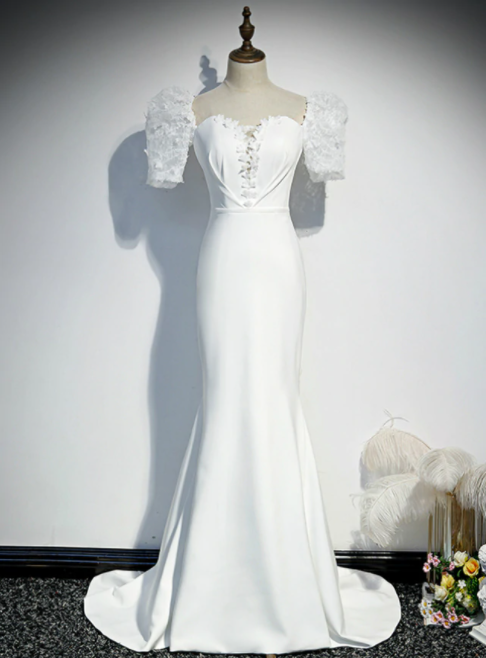 White Mermaid Short Sleeve Appliques Prom Dress,pl1108