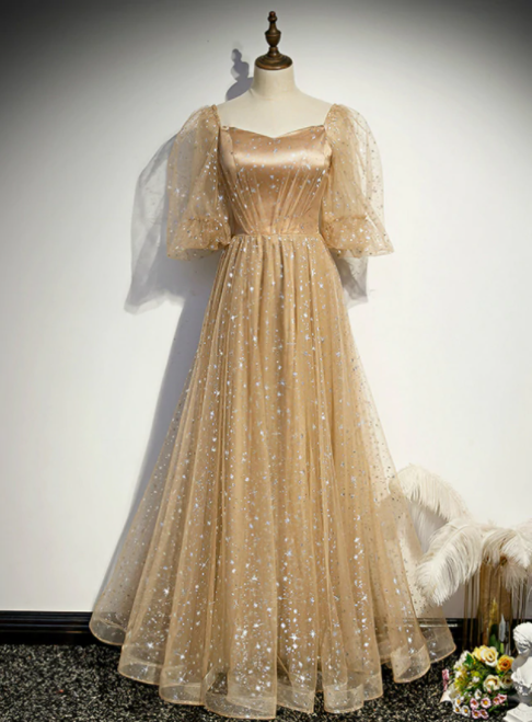 Champagne Tulle Embroidery Puff Sleeve Prom Dress,pl1109