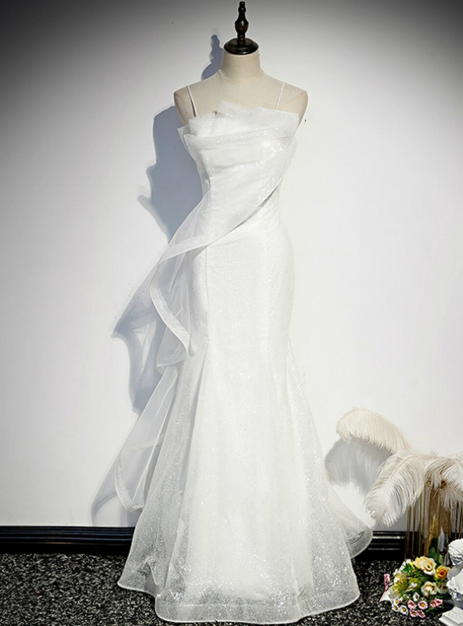 White Mermaid Tulle Sequins Spaghetti Straps Prom Dress,pl1110