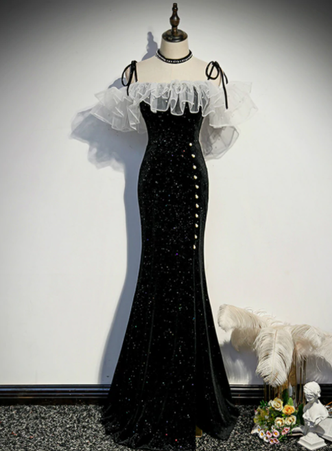 Black Mermaid Sequins Spaghetti Straps Pearls Prom Dress,pl1114