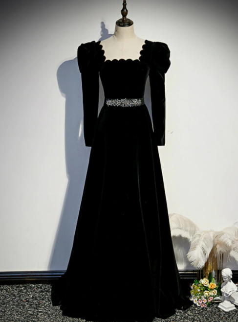 Black Velvet Square Long Sleeve Prom Dress With Belt,pl1115