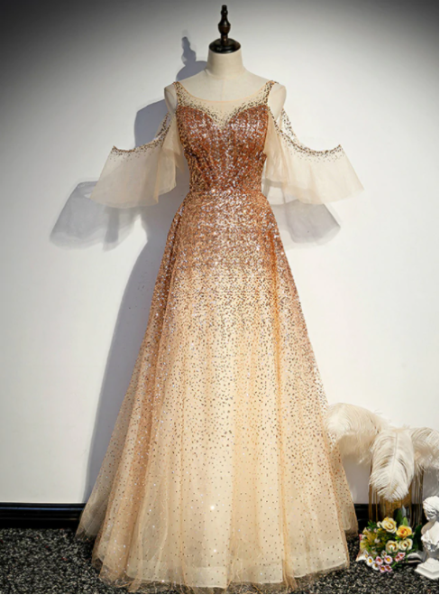 Champagne Gold Sequins Flying Sleeve Prom Dress,pl1118