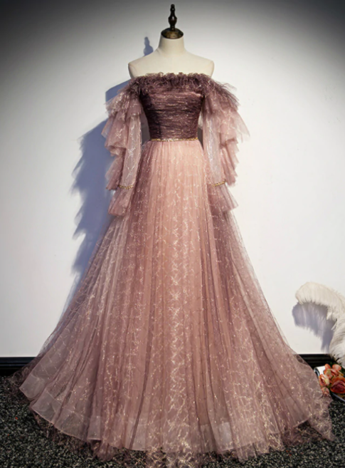 Pink Tulle Sequins Off The Shoulder Long Sleeve Prom Dress,pl1121