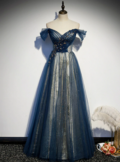 Blue Tulle Sequins Off The Shoulder Beading Prom Dress,pl1124