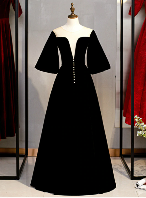 Fancy Black Velvet Horn Sleeve Illusion Prom Dress,pl1131