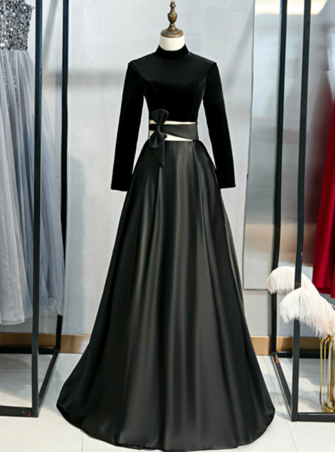 Black Satin Velvet Long Sleeve Cut Out Prom Dress,pl1132