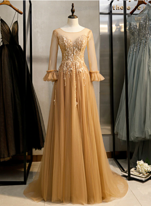 Gold Tulle Long Sleeve Backless Beading Prom Dress,pl1133