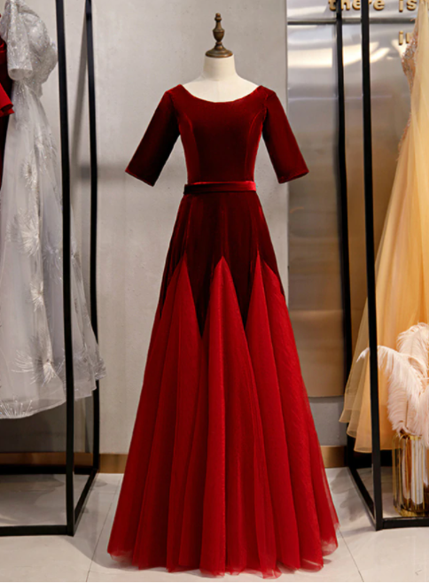Burgundy Tulle Velvet Short Sleeve Prom Dress,pl1135