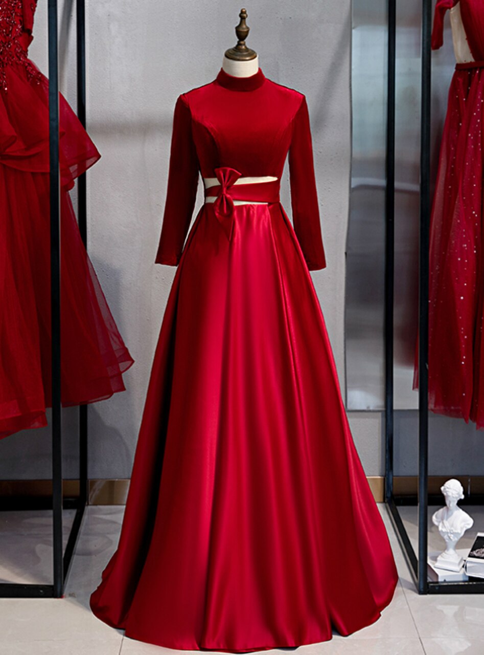 Burgundy Satin Velvet Long Sleeve Cut Out Prom Dress,pl1143