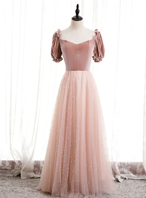 Tulle Velvet Short Sleeve Square Pearls Prom Dress,pl1148
