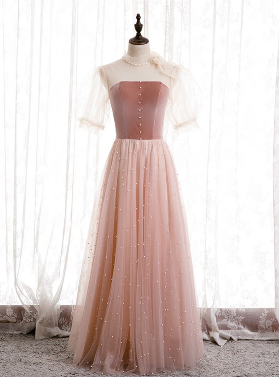 A-line Pink Tulle Velvet High Neck Short Sleeve Prom Dress,pl1149