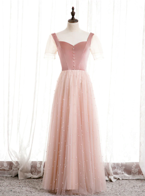 Pink Tulle Velvet Short Sleeve Square Pearls Prom Dress,pl1150