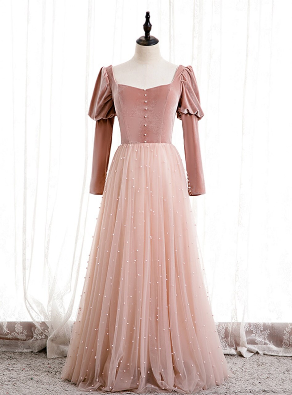 Pink Tulle Velvet Long Sleeve Square Pearls Prom Dress,pl1151