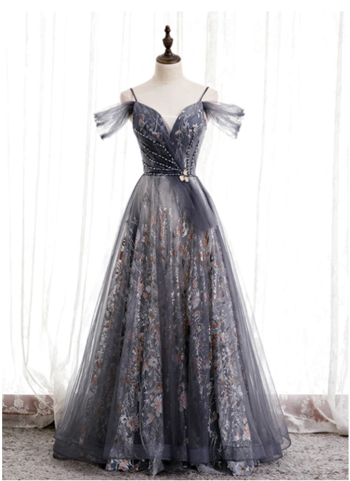 A-line Gray Tulle Sequins Spaghetti Straps Prom Dress,pl1154