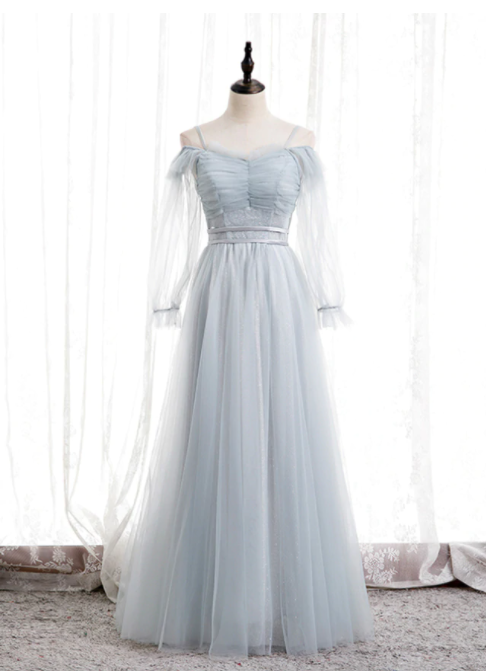 Light Blue Tulle Spaghetti Straps Long Sleeve Pleats Prom Dress,pl1155