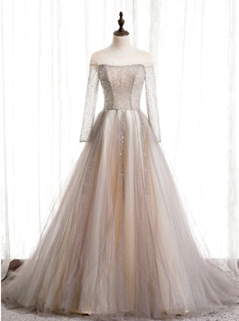 Champagne Tulle Long Sleeve Beading Prom Dress,pl1161