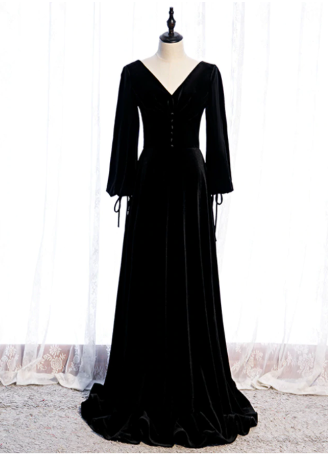 Black Velvet Long Sleeve Button Pleats Prom Dress,pl1166