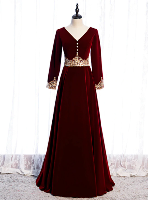 Burgundy Velvet Long Sleeve Appliques V-neck Prom Dress,pl1173 on Luulla