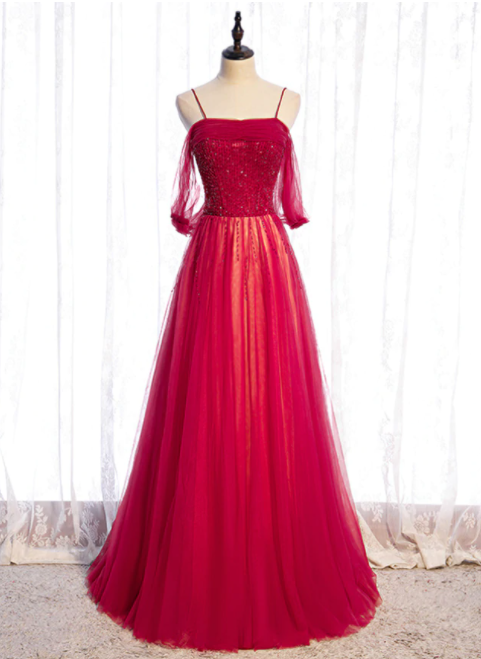 Spaghetti Straps Red Pleats Long Prom Dresses with Bowknow Back