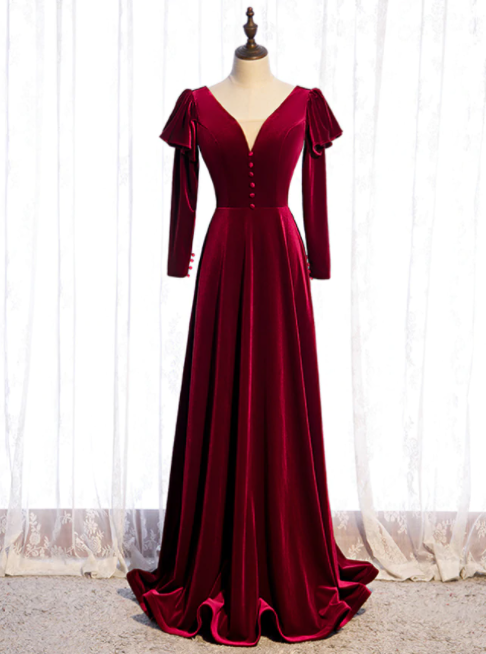 Dark Burgundy Velvet Long Sleeve V-neck Button Prom Dress,pl1176
