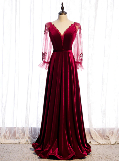A-line Burgundy Velvet Long Sleeve V-neck Prom Dress,pl1177