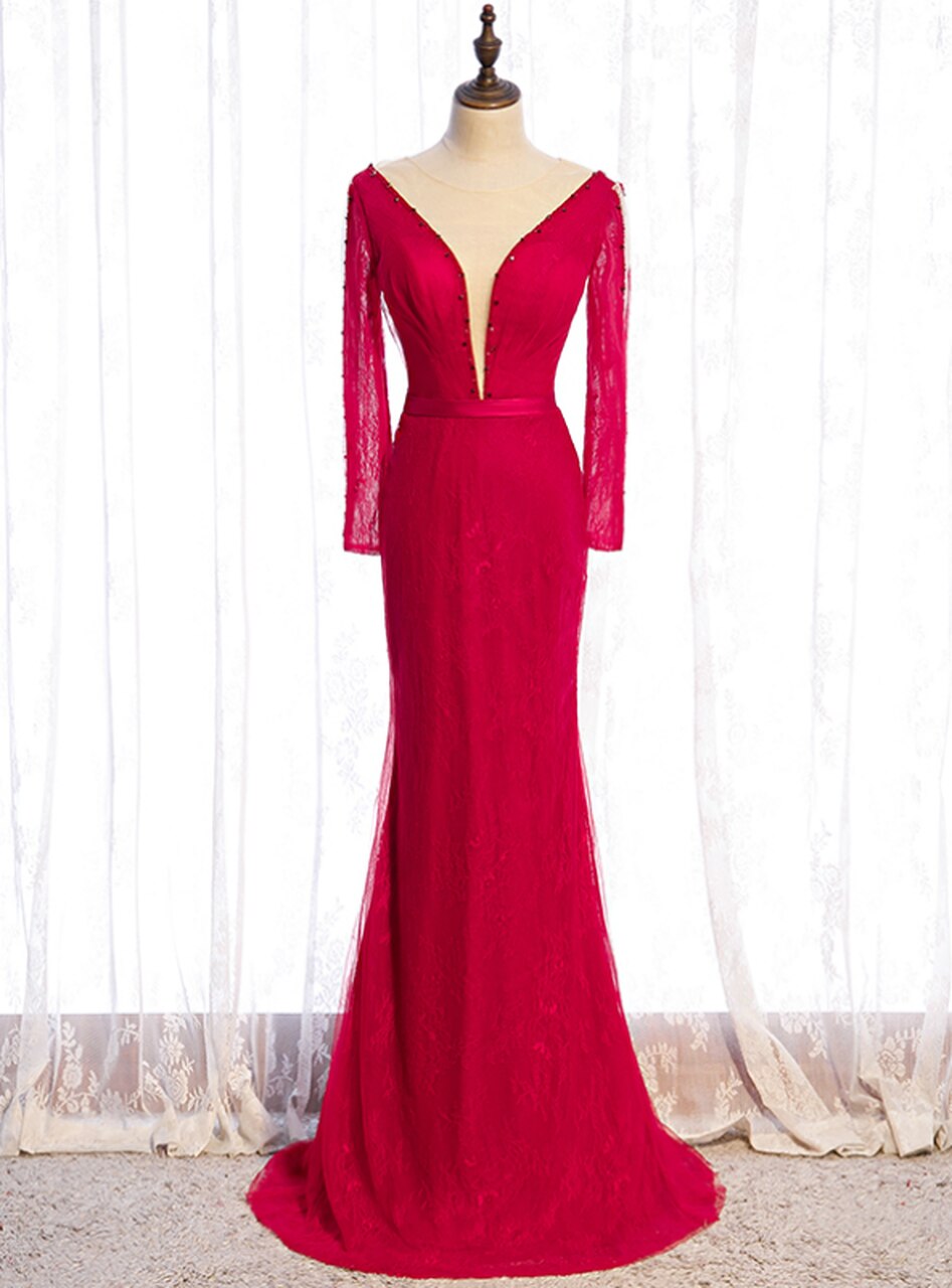 Burgundy Mermaid Lace Long Sleeve Beading Prom Dress,pl1178