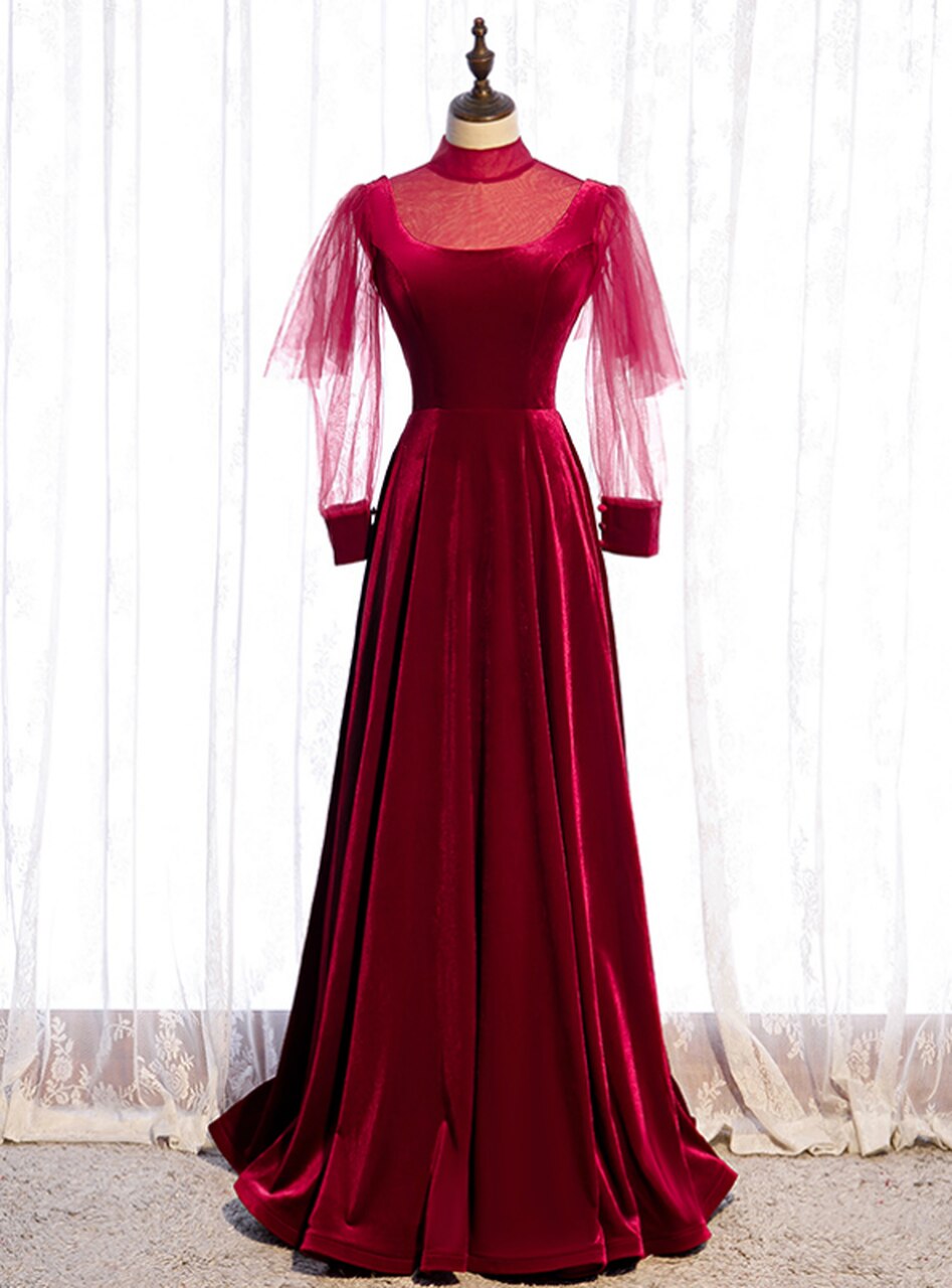 Burgundy Velvet Long Sleeve High Neck Backless Prom Dress,pl1179 on Luulla