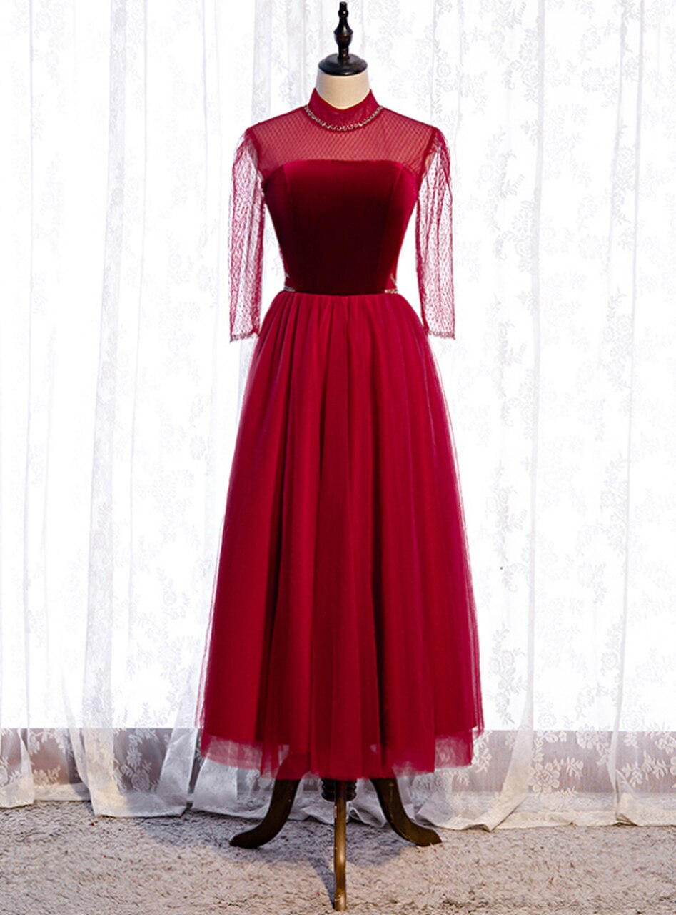 Formal Tulle Burgundy Short Sleeve High Neck Prom Dress,pl1193