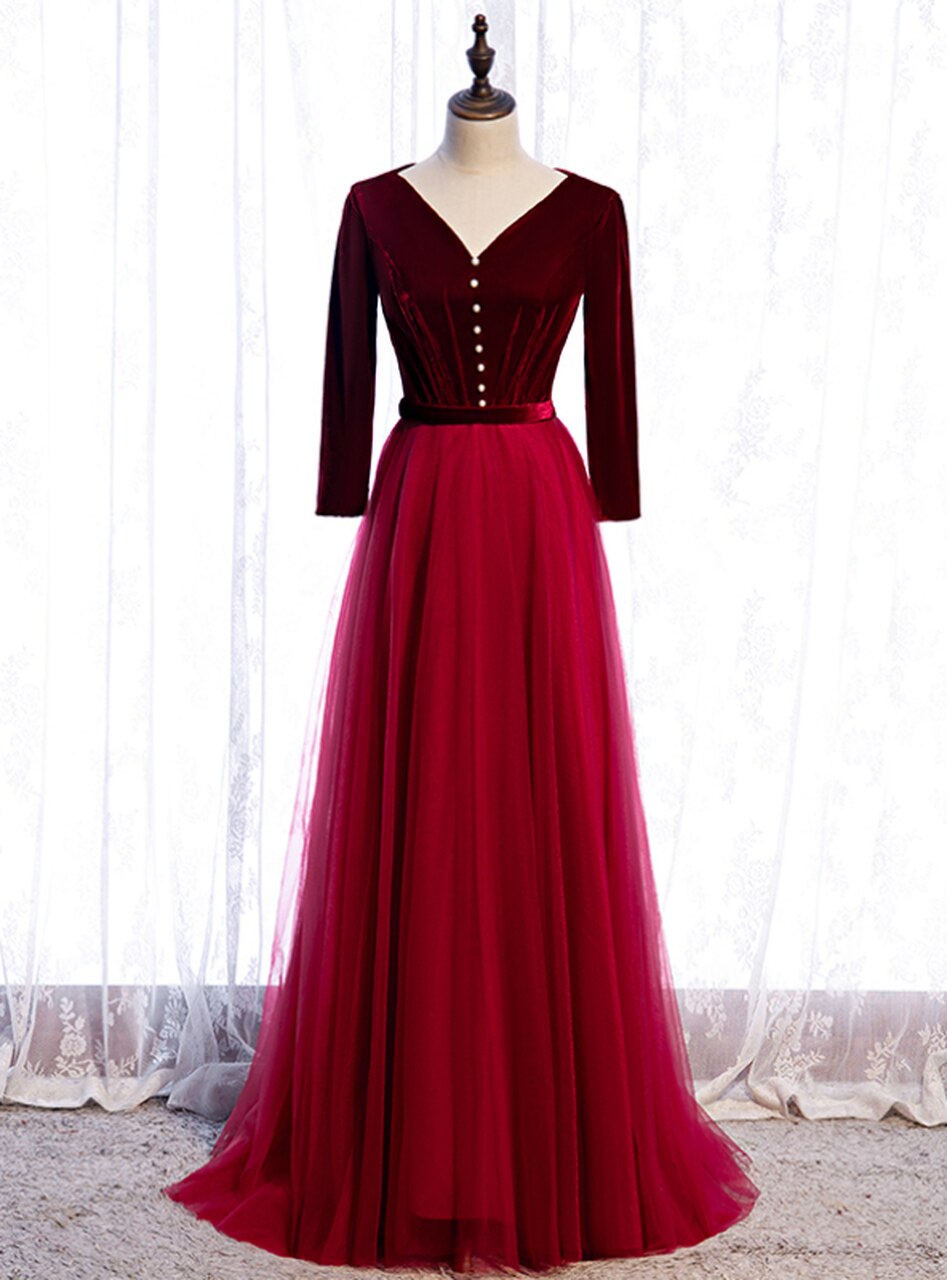 Burgundy Tulle Velvet Long Sleeve Pleats Prom Dress,pl1194