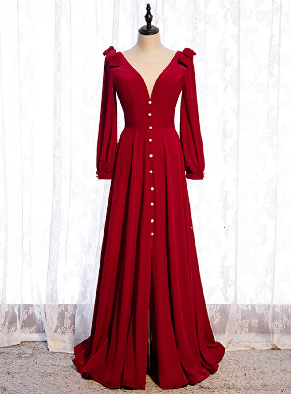 A-line Burgundy Velvet Long Sleeve Prom Dress With Split,pl1195 on Luulla